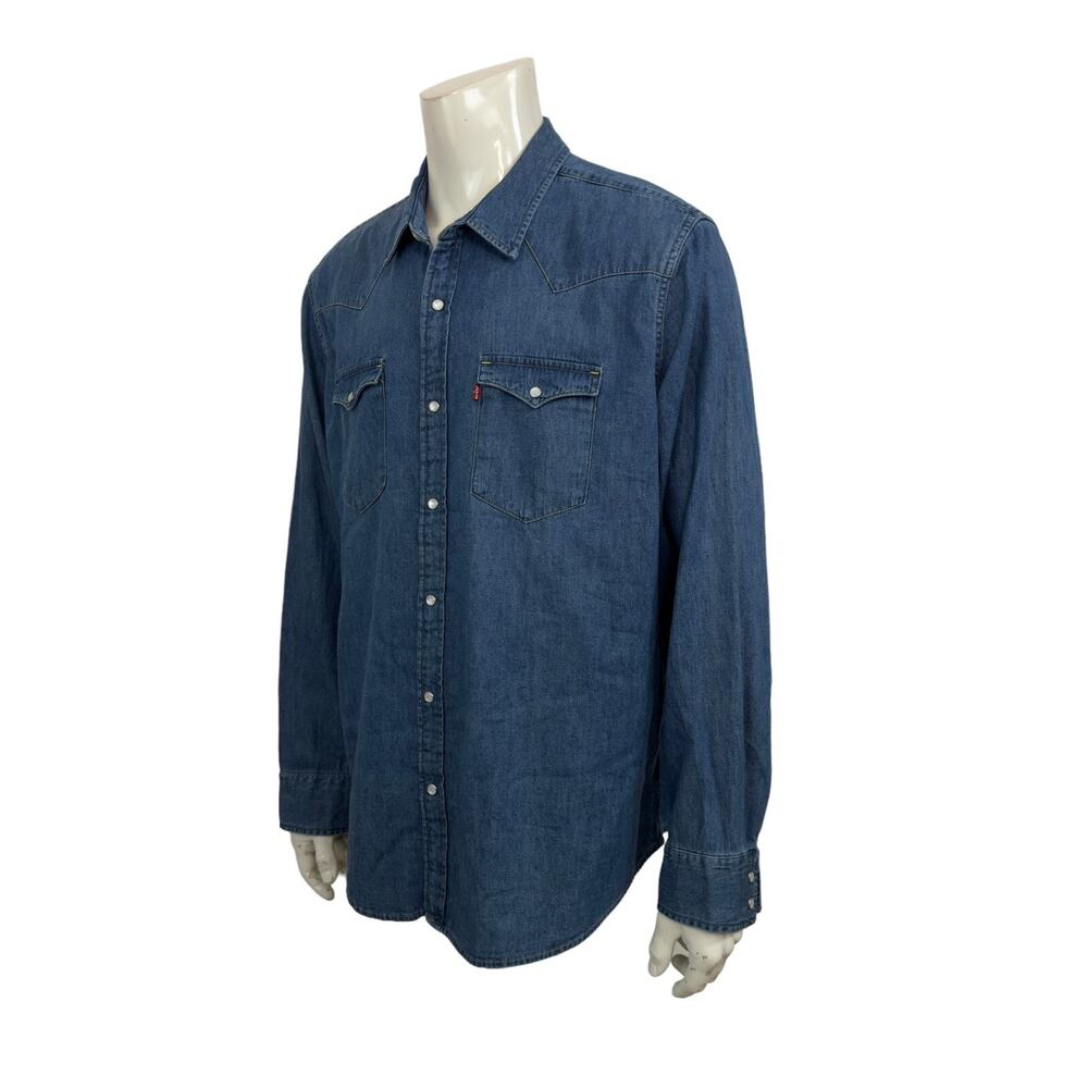 Levi's Western Ranch Cowboy Trucker Biker Shirt Mens 2XL Blue Denim Pearl Snap